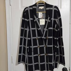 Marled Black and White Grid Pattern Blazer